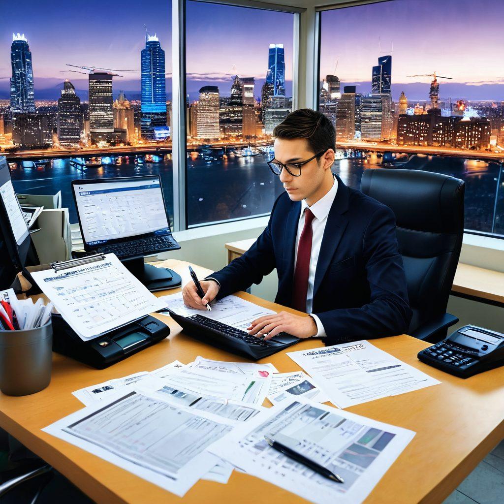 A visually engaging scene depicting a person sitting at a well-organized desk, surrounded by traffic fine documents, a laptop showing payment options, a calendar with deadlines marked, and tools like a calculator and a pen. The background should feature a cityscape with smooth flowing traffic, symbolizing efficient management. Bright and inviting colors with a professional yet approachable atmosphere. super-realistic. vibrant colors. office setting.